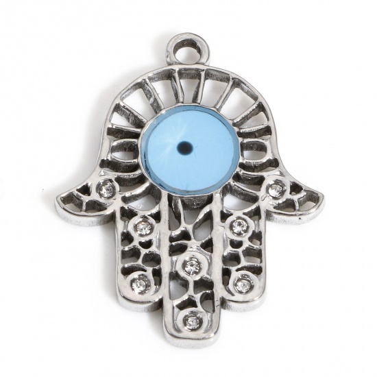 Picture of 1 Piece 304 Stainless Steel Religious Charms Silver Tone Hamsa Symbol Hand Eye 25mm x 20mm