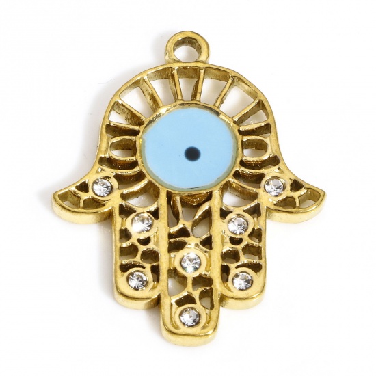 Picture of 1 Piece 304 Stainless Steel Religious Charms 18K Gold Color Hamsa Symbol Hand Eye 25mm x 20mm