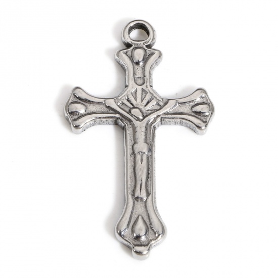 Picture of 1 Piece 304 Stainless Steel Religious Charms Silver Tone Cross Jesus 3.3cm x 2cm