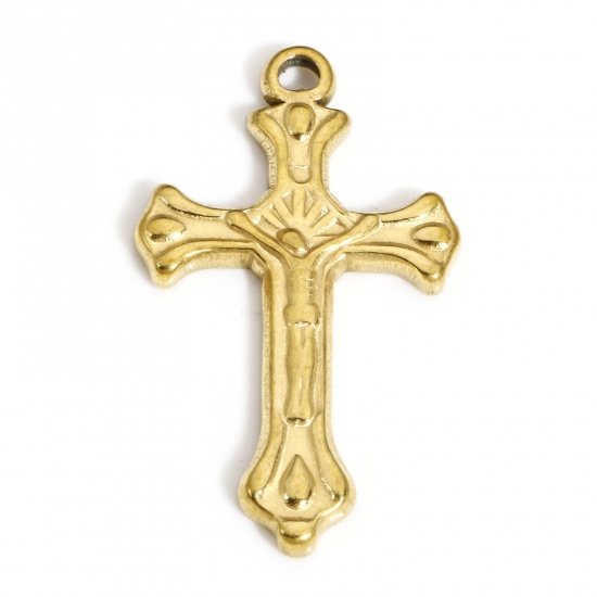 Picture of 1 Piece Vacuum Plating 304 Stainless Steel Religious Charms 18K Gold Plated Cross Jesus 3.3cm x 2cm