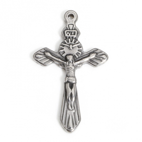 Picture of 1 Piece 304 Stainless Steel Religious Charms Silver Tone Cross Jesus 3.9cm x 2.2cm