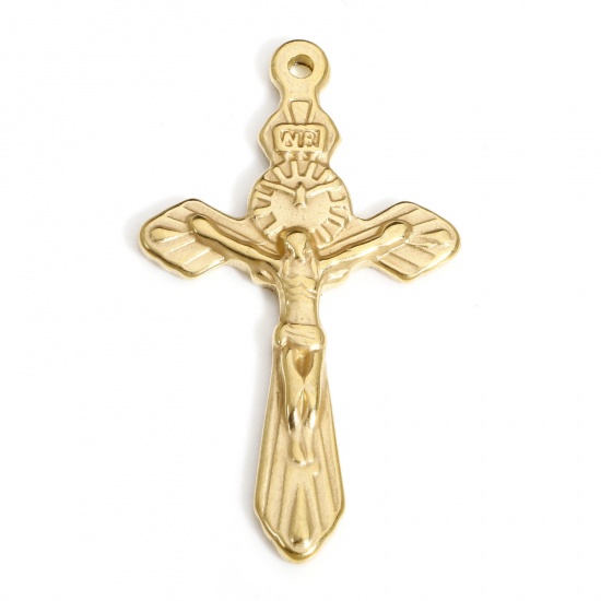 Picture of 1 Piece Vacuum Plating 304 Stainless Steel Religious Charms 18K Gold Plated Cross Jesus 3.9cm x 2.2cm