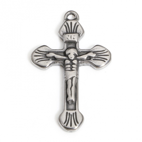 Picture of 1 Piece 304 Stainless Steel Religious Charms Silver Tone Cross Jesus 3cm x 1.8cm