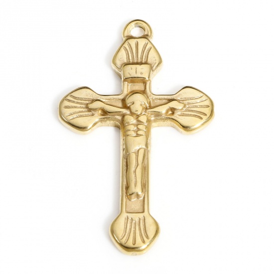 Picture of 1 Piece Vacuum Plating 304 Stainless Steel Religious Charms 18K Gold Plated Cross Jesus 3cm x 1.8cm