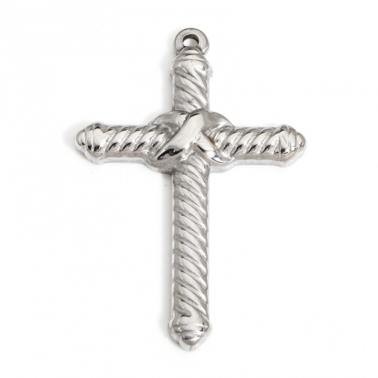 Picture of 1 Piece 304 Stainless Steel Religious Charms Silver Tone Cross Stripe 4.5cm x 3cm