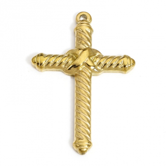 Picture of 1 Piece Vacuum Plating 304 Stainless Steel Religious Charms 18K Gold Plated Cross Stripe 4.5cm x 3cm