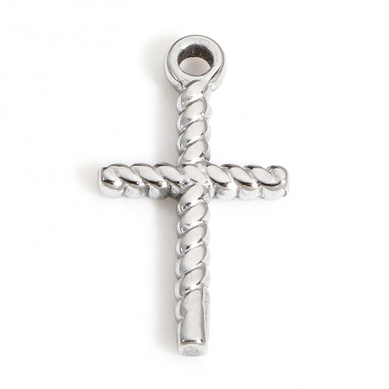 Picture of 1 Piece 304 Stainless Steel Religious Charms Silver Tone Cross Stripe 15mm x 8.5mm