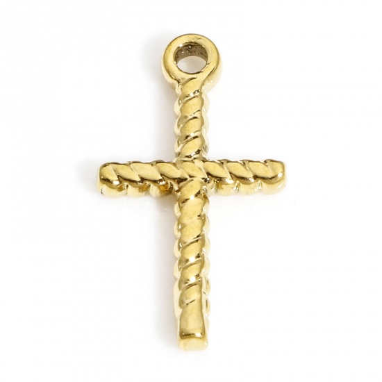 Picture of 1 Piece Vacuum Plating 304 Stainless Steel Religious Charms 18K Gold Plated Cross Stripe 15mm x 8.5mm