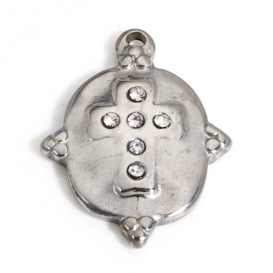 Picture of 1 Piece 304 Stainless Steel Religious Charms Silver Tone Oval Cross Clear Cubic Zirconia 21.5mm x 16.5mm