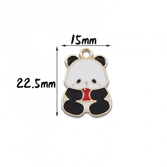 Picture of 10 PCs Zinc Based Alloy Charms Gold Plated Black & White Panda Animal Enamel 22.5mm x 15mm
