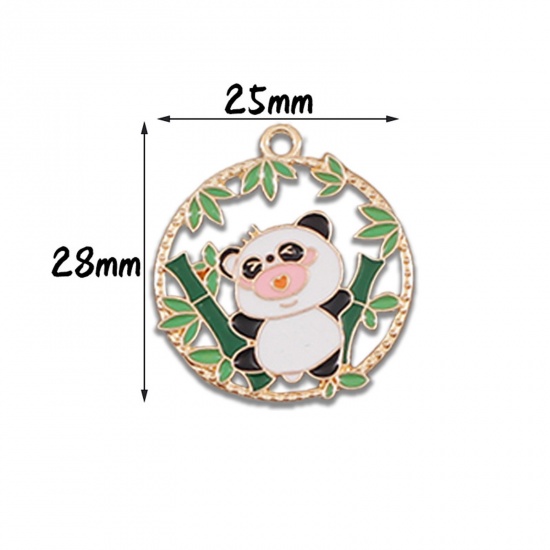 Picture of 10 PCs Zinc Based Alloy Charms Gold Plated Black & White Panda Animal Bamboo Enamel 28mm x 25mm