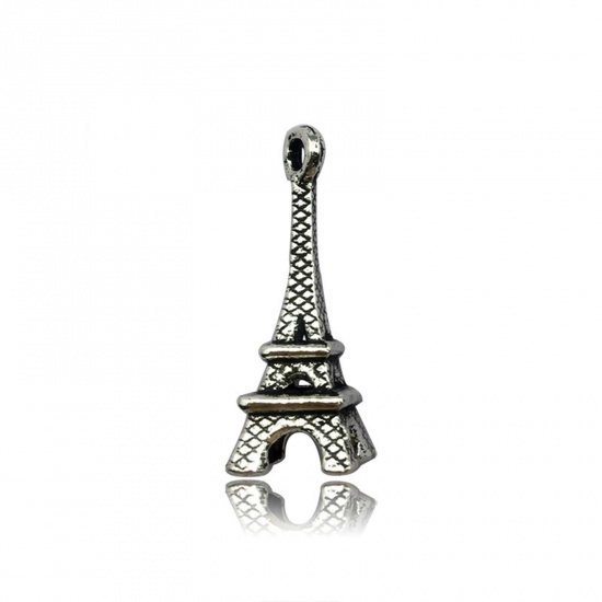 Picture of 50 PCs Zinc Based Alloy Travel Charms Antique Silver Color Eiffel Tower 3D 22mm x 7mm