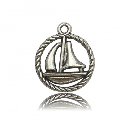 Picture of 50 PCs Zinc Based Alloy Travel Charms Antique Silver Color Sailing Boat 18mm x 16mm