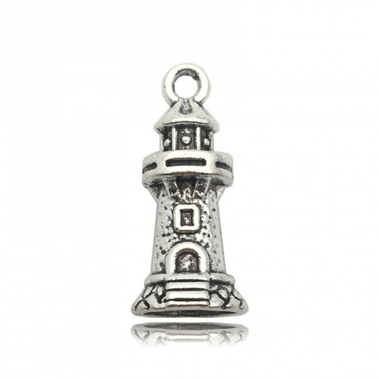 Picture of 50 PCs Zinc Based Alloy Travel Charms Antique Silver Color Lighthouse 20mm x 9mm