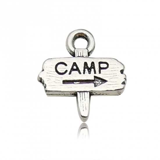 Picture of 50 PCs Zinc Based Alloy Travel Charms Antique Silver Color Road Sign Message " CAMP " 13mm x 12mm