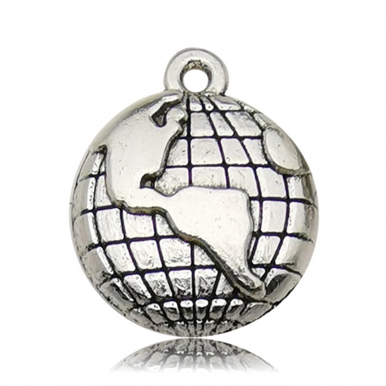 Picture of 50 PCs Zinc Based Alloy Travel Charms Antique Silver Color Planet Earth World Map 17mm x 16mm