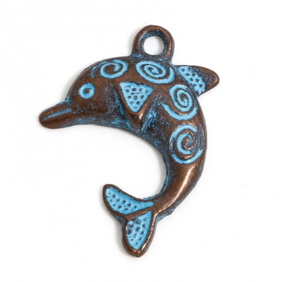 Picture of 20 PCs Zinc Based Alloy Ocean Jewelry Charms Antique Copper Blue Dolphin Animal Patina 3.1cm x 2.2cm