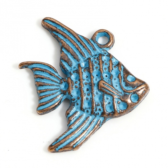 Picture of 20 PCs Zinc Based Alloy Ocean Jewelry Charms Antique Copper Blue Fish Animal Patina 21mm x 19mm