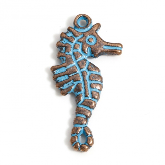 Picture of 20 PCs Zinc Based Alloy Ocean Jewelry Charms Antique Copper Blue Seahorse Animal Patina 3.3cm x 1.7cm