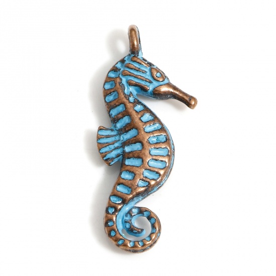 Picture of 20 PCs Zinc Based Alloy Ocean Jewelry Charms Antique Copper Blue Seahorse Animal Patina 22mm x 9mm