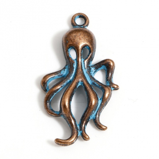 Picture of 20 PCs Zinc Based Alloy Ocean Jewelry Charms Antique Copper Blue Octopus Patina 3.1cm x 1.7cm