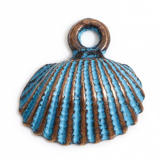 Picture of 20 PCs Zinc Based Alloy Ocean Jewelry Charms Antique Copper Blue Shell Patina 18mm x 17mm