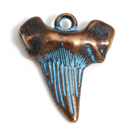 Picture of 20 PCs Zinc Based Alloy Ocean Jewelry Charms Antique Copper Blue Shark Teeth Tooth Patina 22mm x 19mm