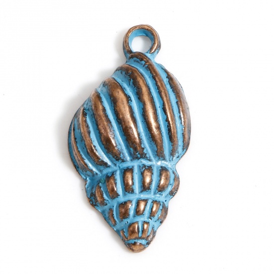 Picture of 20 PCs Zinc Based Alloy Ocean Jewelry Charms Antique Copper Blue Conch/ Sea Snail Patina 25mm x 13mm