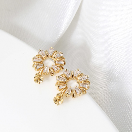 Picture of 2 PCs Brass Women's Earring Accessories 18K Real Gold Plated Flower Clear Cubic Zirconia 19mm x 12mm                                                                                                                                                          