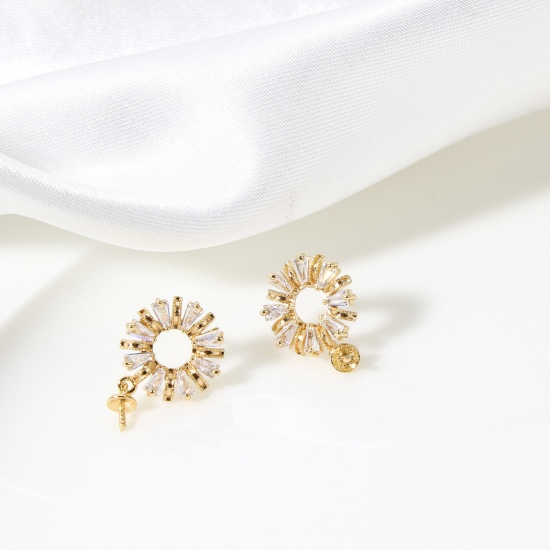 Picture of 2 PCs Brass Women's Earring Accessories 18K Real Gold Plated Flower Clear Cubic Zirconia 19mm x 12mm                                                                                                                                                          