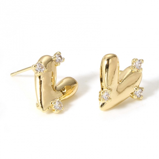 Picture of 2 PCs Brass Couple Ear Post Stud Earring With Loop Connector Accessories 18K Real Gold Plated Heart Clear Cubic Zirconia 13mm x 13mm                                                                                                                          
