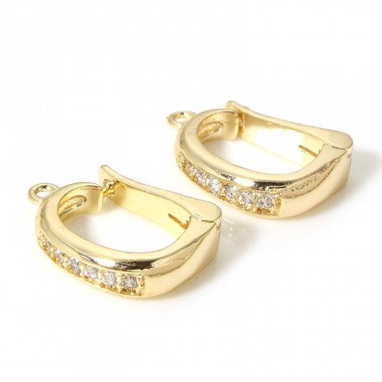 Picture of 2 PCs Brass Simple Hoop Earrings For DIY Jewelry Making Accessories 18K Real Gold Plated Clear Cubic Zirconia 14mm x 10mm                                                                                                                                     