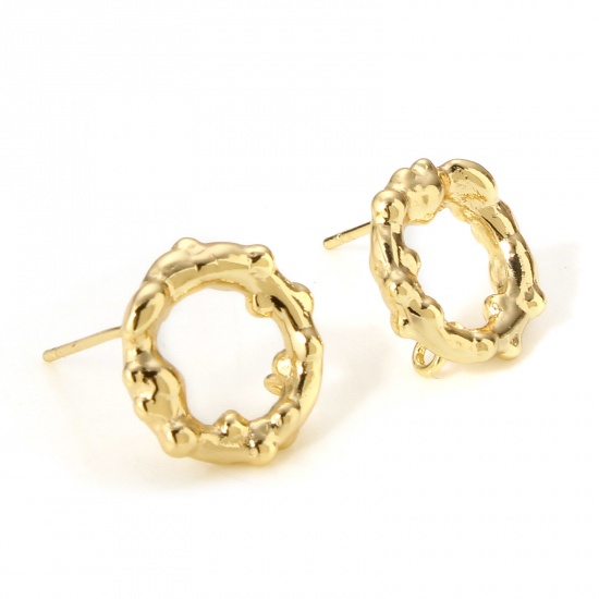 Picture of 2 PCs Brass Simple Ear Post Stud Earring With Loop Connector Accessories 18K Real Gold Plated Circle Ring 14mm x 14mm, Post/ Wire Size: (20 gauge)                                                                                                            