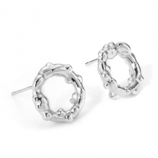 Picture of 2 PCs Brass Simple Ear Post Stud Earring With Loop Connector Accessories Real Platinum Plated Circle Ring 14mm x 14mm, Post/ Wire Size: (20 gauge)                                                                                                            