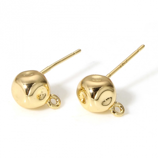 Picture of 2 PCs Brass Simple Ear Post Stud Earring With Loop Connector Accessories 18K Real Gold Plated Cube 9.5mm x 7mm, Post/ Wire Size: (20 gauge)                                                                                                                   
