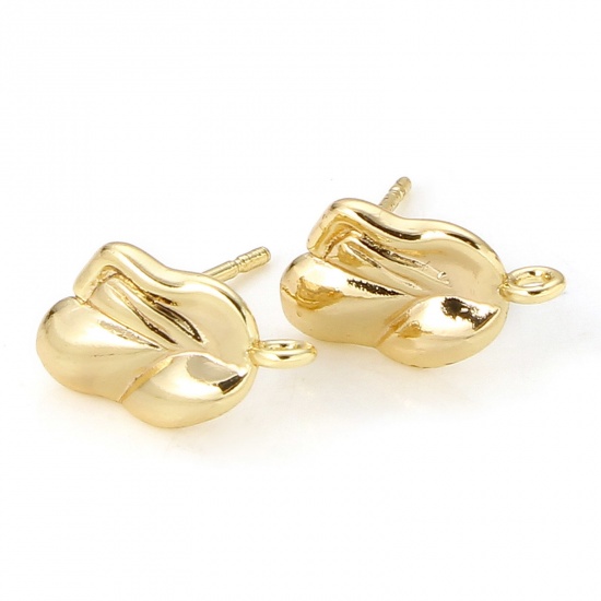 Picture of 2 PCs Brass Simple Ear Post Stud Earring With Loop Connector Accessories 18K Real Gold Plated Leaf 13mm x 8mm, Post/ Wire Size: (20 gauge)                                                                                                                    