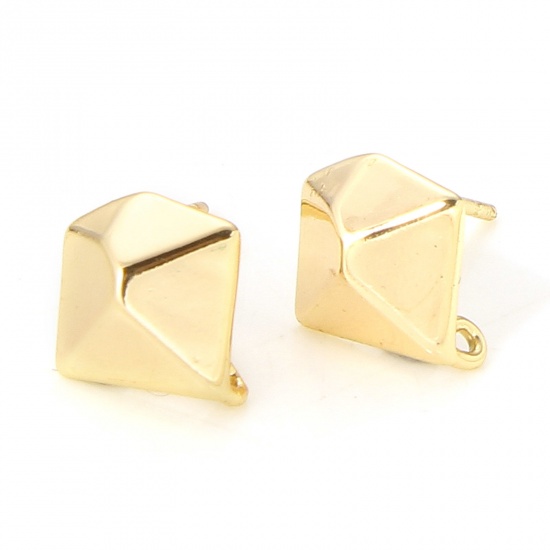 Picture of 2 PCs Brass Simple Ear Post Stud Earring With Loop Connector Accessories 18K Real Gold Plated Polygon 9mm x 9mm, Post/ Wire Size: (20 gauge)                                                                                                                  