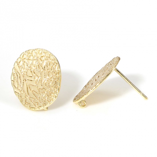 Picture of 2 PCs Brass Hammered Ear Post Stud Earring With Loop Connector Accessories 18K Real Gold Plated Oval Embossing 16.5mm x 13.5mm, Post/ Wire Size: (20 gauge)                                                                                                   