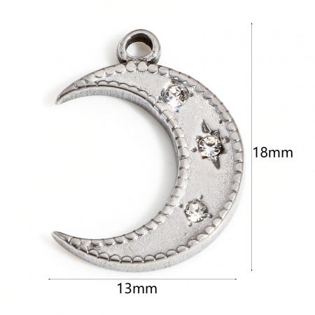 Picture of 1 Piece 304 Stainless Steel Galaxy Charms Silver Tone Half Moon 18mm x 13mm