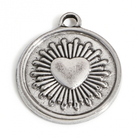 Imagen de 1 Unidad 304 Acero Inoxidable día de San Valentín Colgantes Charms Ronda Tono de Plata Corazón 22mm x 19mm