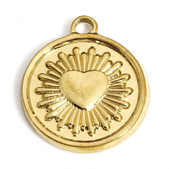 Imagen de 1 Unidad Recubrimiento al Vacío PVD Ecológico 304 Acero Inoxidable día de San Valentín Colgantes Chapado en Oro de 18K Ronda Disco Corazón 22mm x 19mm