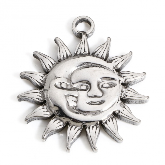 Picture of 1 Piece 304 Stainless Steel Galaxy Charms Silver Tone Sun 29mm x 26mm