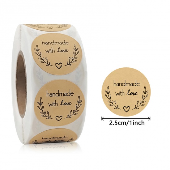 Picture of 1 Roll ( 500 PCs/Set) Kraft Paper Seals Stickers Labels Brown Round Message " Handmade with love " 25mm Dia.
