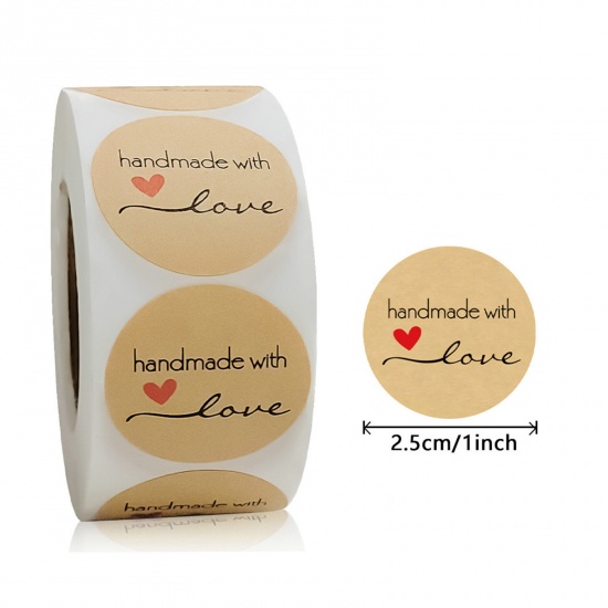 Picture of 1 Roll ( 500 PCs/Set) Kraft Paper Seals Stickers Labels Brown Round Message " Handmade with love " 25mm Dia.