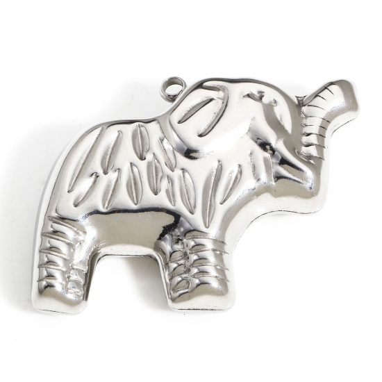 Picture of 1 Piece 304 Stainless Steel Pendants Silver Tone Elephant Animal 3D 4.3cm x 3.5cm