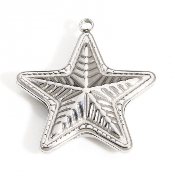 Picture of 1 Piece 304 Stainless Steel Pendants Silver Tone Pentagram Star Texture 3D 3.7cm x 3.4cm