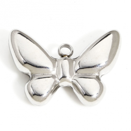 Picture of 1 Piece 304 Stainless Steel Pendants Silver Tone Butterfly Animal 3D 27mm x 20mm