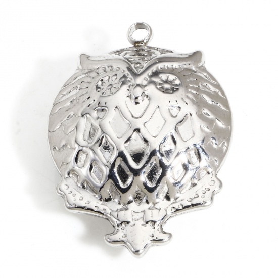 Picture of 1 Piece 304 Stainless Steel Pendants Silver Tone Owl Animal 3D 3.7cm x 2.6cm