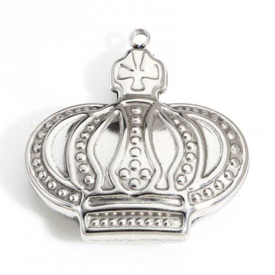 Picture of 1 Piece 304 Stainless Steel Pendants Silver Tone Crown Dot 3D 4cm x 3.7cm