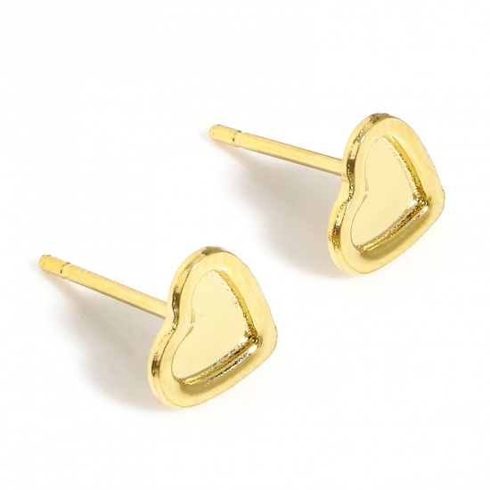 Picture of 10 PCs 304 Stainless Steel Ear Post Stud Earring For DIY Jewelry Making Accessories Heart 18K Gold Color Cabochon Settings (Fits 5x3.5mm) 8mm x 7mm, Post/ Wire Size: (20 gauge)